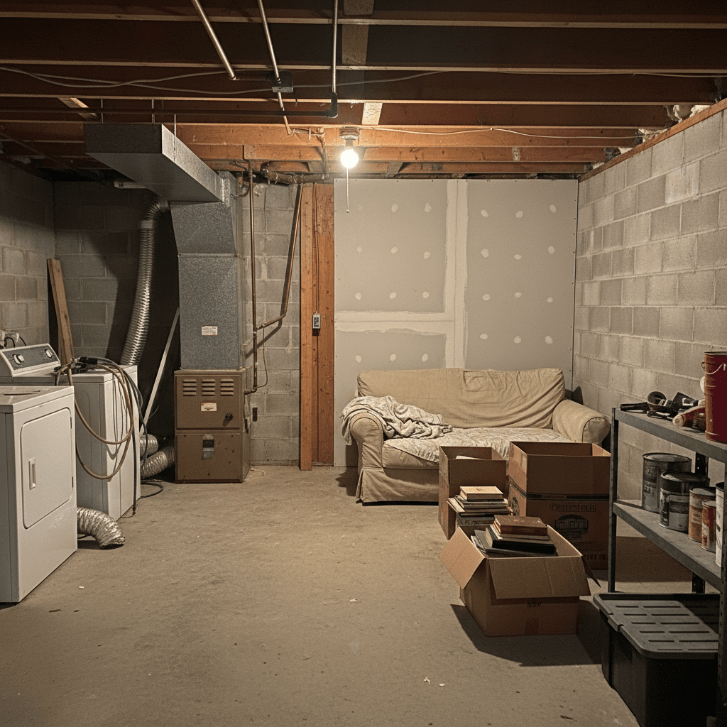 Japandi Basement: before AI redesign